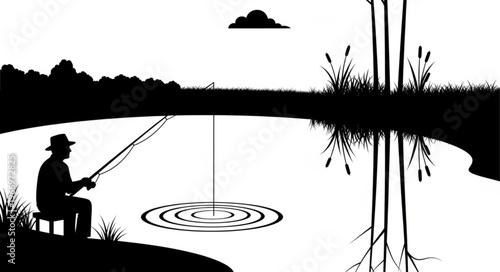 Silhouette of a man fishing on a lake at dawn.