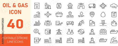 Petroleum production and energy sector icons with editable line art