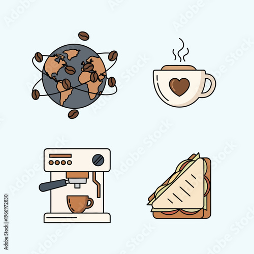 A whimsical illustration of coffee and snack elements with a global twist.