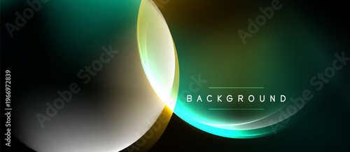 Abstract design features overlapping circles, teal, gold hues. Dark background emphasizes glowing elements, modern aesthetic.