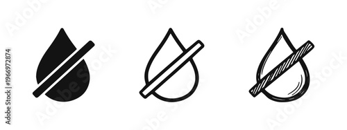 No water or water-free zone icon set, crossed out water drop symbolizing drought or prohibition.