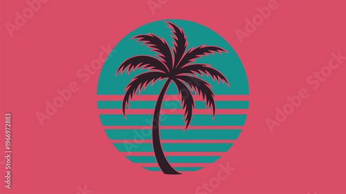 Silhouette of a palm tree against a teal sun with horizontal stripes 