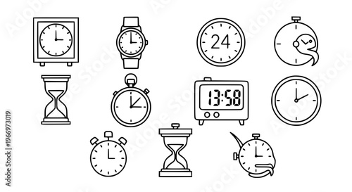 Time Outline Icon Set with Wall Clock Wristwatch Hourglass Stopwatch Digital Vector