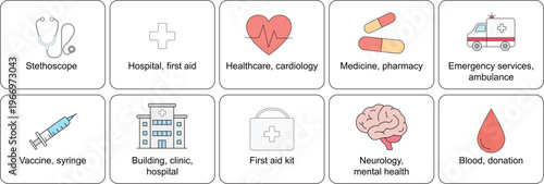 Medical health icons set flat vector illustration black outline white background

