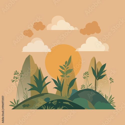 Minimalist nature vector illustration of a serene mountain sunset with lush greenery and clouds