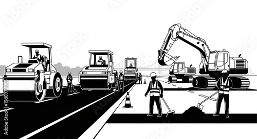 Construction workers and heavy machinery on a road construction site.