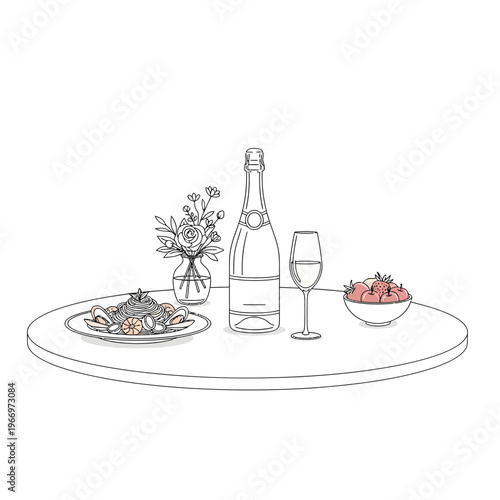 Elegant table setting with champagne, strawberries, and seafood for a refined meal