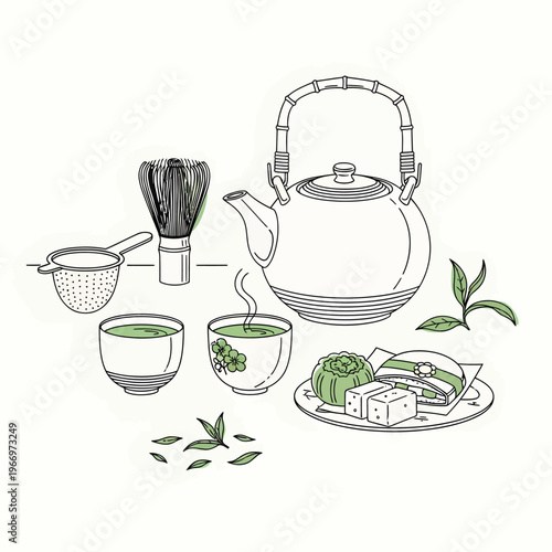 Traditional tea set with a bamboo steam whisk and teapot
