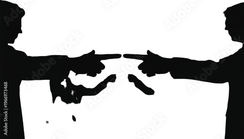 Two figures point index fingers directly at each other in a mirrored confrontation or agreement gesture.