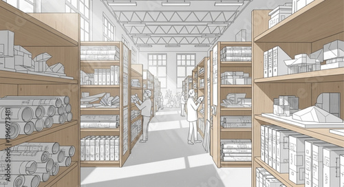 Interior view of a library with bookshelves filled with books.