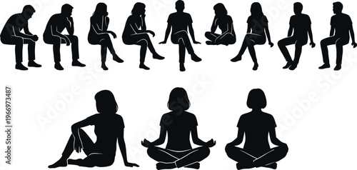 Silhouette collection of cheering crowd and sitting people featuring audience groups with flags and banners alongside men and women in various sitting and meditating poses isolated