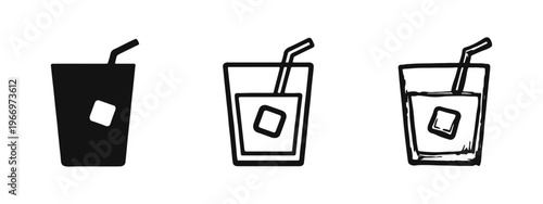 Iced beverage glass icon set with straw, featuring solid, line art, and doodle designs for drinks.