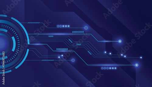 Futuristic blue digital technology background with glowing circuit lines, abstract data connections, high tech interface design for innovation and communication concepts.