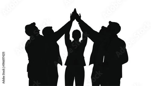 Three business people raise their arms together in a unified high-five gesture symbolizing teamwork.