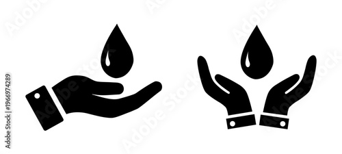 Water conservation icon set with hand and water drop symbols. Save water and environment protection icons for sustainability, eco care, resource management and environmental design