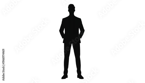 Businessman silhouette stands confidently with hands positioned in pockets against a pure white backdrop for.