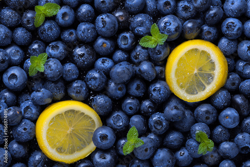 Lemon slices on fresh blueberries background