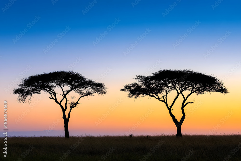 Obraz premium Sunrise Over the African Savanna with Acacia Tree Silhouettes 