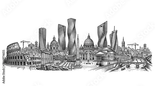 A detailed black and white sketch of a city skyline featuring iconic landmarks and modern skyscrapers.