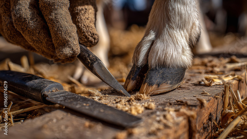 Healthy sheep hoof care with careful trimming during sunny farm day