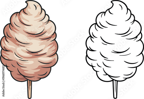 Cotton candy illustration & outline set isolated on transparent background 