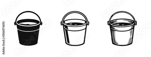Bucket icon set, depicting a container for water or cleaning, in solid, outline, and sketchy styles.