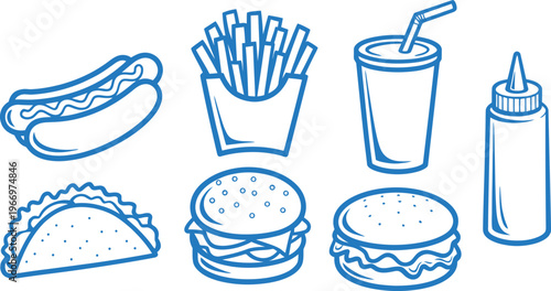 Fast food elements set with burger pizza hotdog fries and soda in outline sketch hand drawn vector illustration