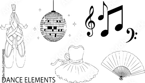 Dance Essentials Icons Set Ballet Shoes Disco Ball Tutu Fan Black Vector