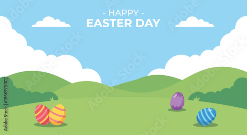 Colorful easter eggs in a green landscape with hills and clouds on a blue sky background with happy easter day text