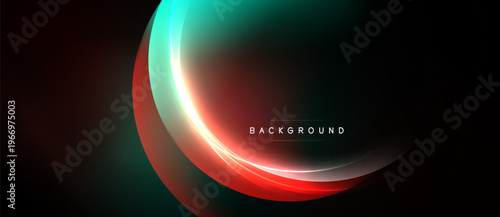 Abstract design features vibrant overlapping curves. Dark background emphasizes glowing red, teal, white elements. Modern aesthetic.