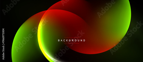 Abstract vibrant layers overlap. Green, yellow, red hues blend, creating dynamic visual effect. Dark background emphasizes bright shapes.
