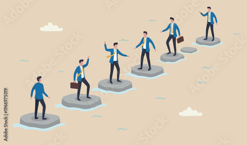 Stepping stones success progress milest pathway target,overcome difficulty development stages concept, confidence to businessman in stepping stones across ocean