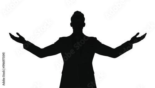 Rear view silhouette of a manager in a suit standing with both arms raised outward in a welcoming posture.