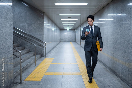 Confident Asian businessman in a dark suit walking along tactile paving in an empty subway corridor while looking at his mobile phone.
