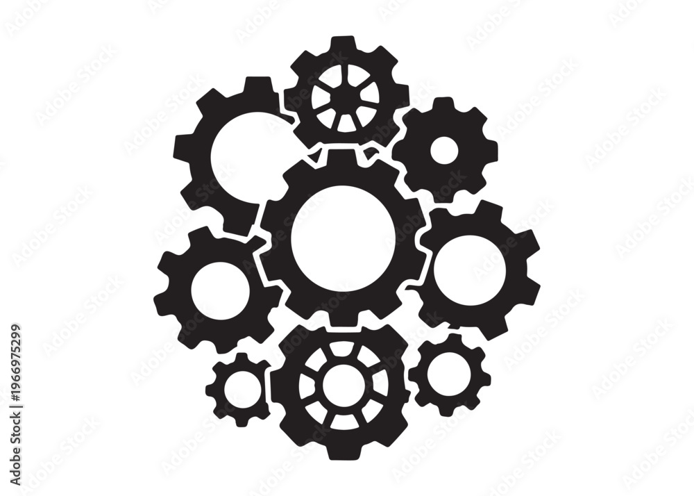 Fototapeta premium mechanism gears logo silhouette vector, mechanical cogs logo silhouette vector illustration, mechanical engineering gear logo, settings and configuration gears logo silhouette design