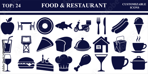 Food & Restaurant Centimeter Icons Set flat design vector illustration for dining and hospitality
