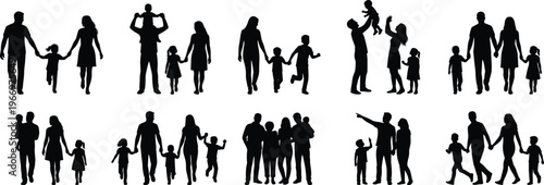 Silhouette collection of happy families featuring parents walking with children holding hands and playing with babies and toddlers for lifestyle and parenting concepts isolated