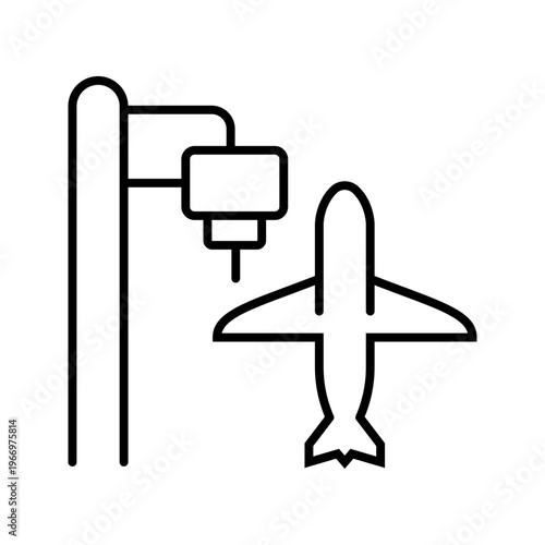 3d printing aircraft icon. Industry and additive manufacturing line symbol. Black and white.