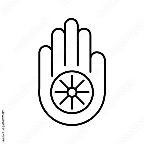 Jain symbol icon. Religion and jainism line symbol. Black and white.