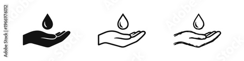 Water drop falling into hand icon set, symbolizing care, hygiene, and saving water conservation