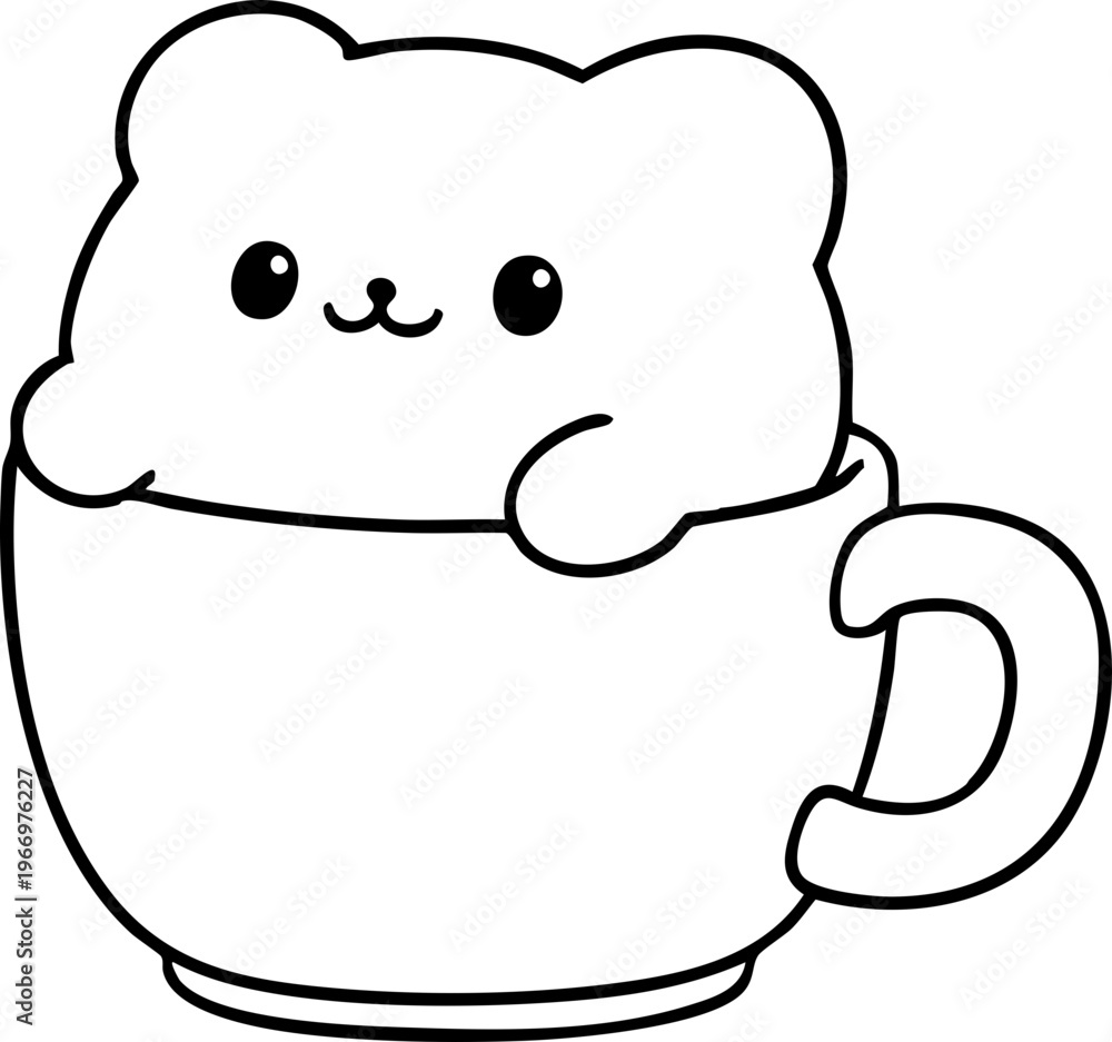 Obraz premium Cat in a mug line art drawing, minimalist kitten contour for coloring page