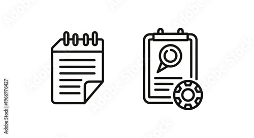 Business process automation and document analysis icon representing data review workflow and systematic task management in simple black line art style on a clean white background