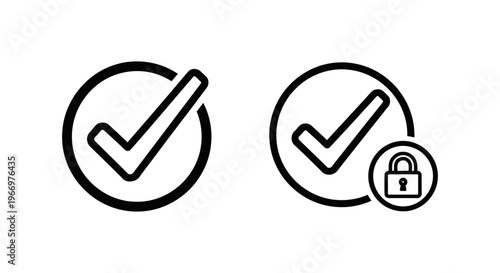 Security verification success icons set with checkmark and lock symbols indicating completed authentication and protected user access for digital platforms and safe online transactions