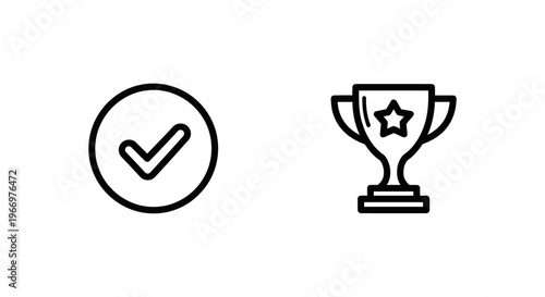User onboarding success and account activation icons set featuring trophy and checkmark symbols for gamified business progress and achievement milestones in minimalist line style