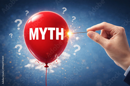 Debunking Myths Hand Popping Red Balloon with Needle Concept of Truth and Reality