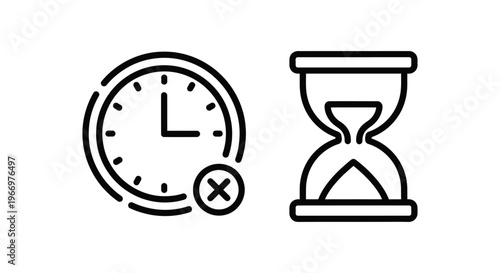 Security and session management icons depicting an expired session clock with a cross symbol and a sand hourglass for system timeout notification and web application error messaging interface