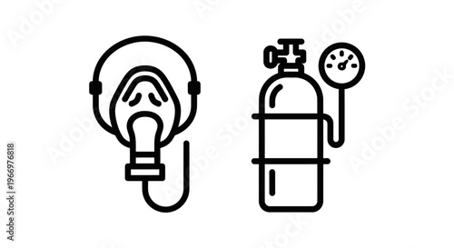 Oxygen therapy equipment icons set featuring breathing mask with tube and compressed gas cylinder with pressure gauge for medical healthcare and scuba diving support isolated vector illustration