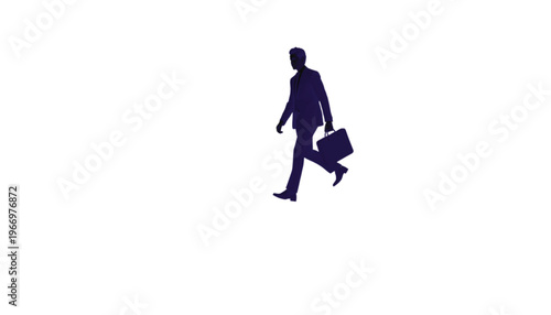 Small silhouette of a professional walking quickly while carrying a briefcase towards the right side.