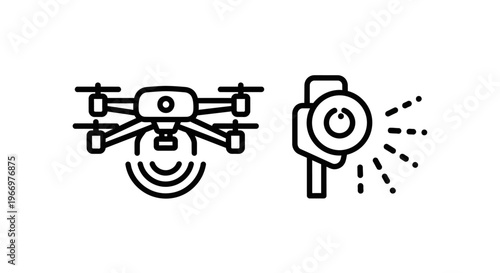 Drone aerial photography and professional camera lens icons set representing modern production surveillance technology and remote sensing equipment with minimalist line art style and graphics