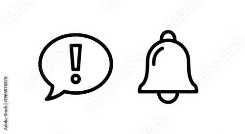 Notification alert icons set featuring speech bubble with exclamation mark and bell symbol for mobile app interface message reminders and urgent communication announcements in minimalist line art